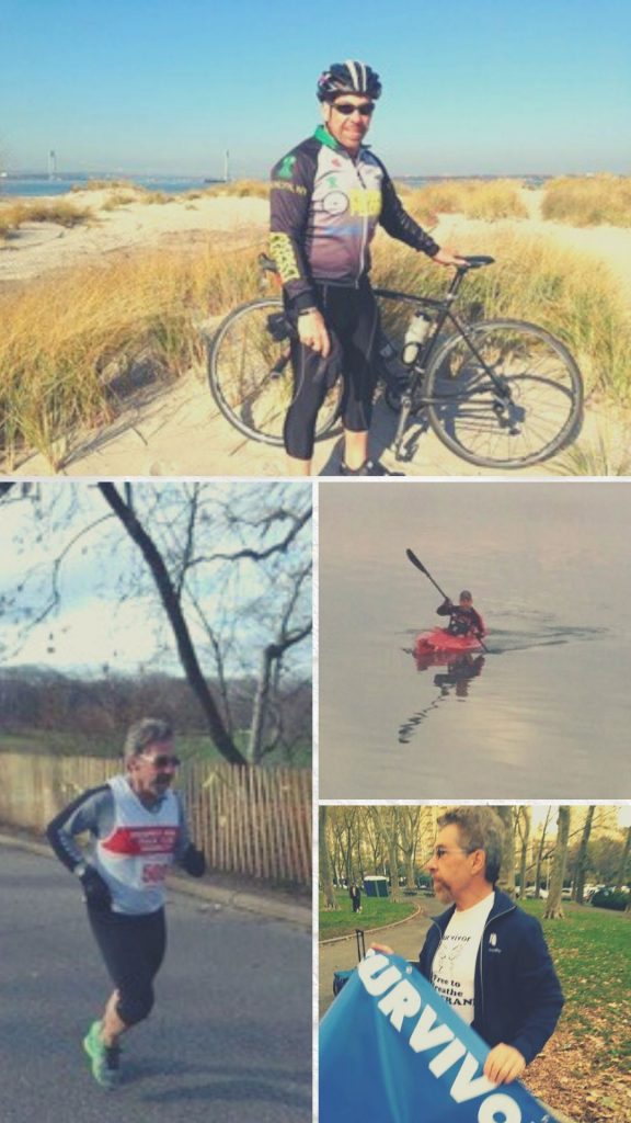 Images of Frank running, biking, kayaking and advocating for lung cancer research and treatment